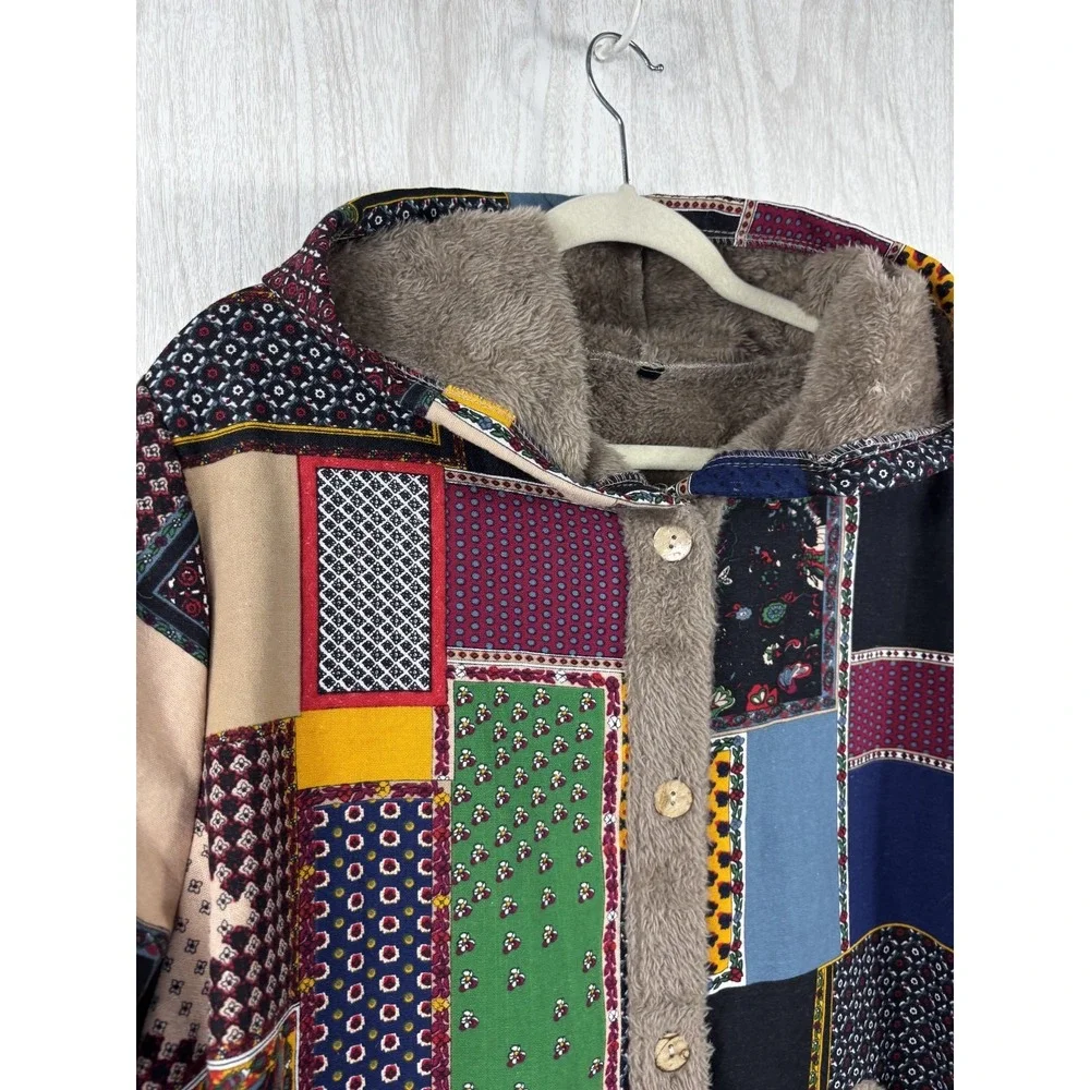 Vintage‎ Patchwork Sherpa Coat XL Oversized Hooded Boho Cozy Lined Jacket - Picture 4 of 8